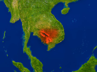 Cambodia from space in red