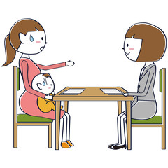 かわいいビジネスウーマンに相談する赤ちゃんを抱いた女性