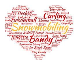 Snowmobiling. Word cloud, heart, italic font, white background. Love of sport.