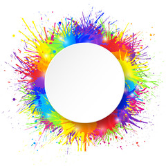 White round paper banner on vivid and colorful paint splashes background. Vector illustration.