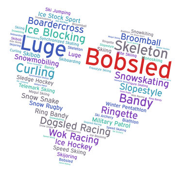 Bobsled. Word cloud, heart inside heart, italic font, white background. Love of sport.