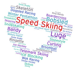 Obraz premium Speed skiing. Word cloud, heart inside heart, italic font, white background. Winter sport.