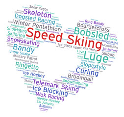 Obraz premium Speed skiing. Word cloud, heart inside heart, italic font, white background. Love of sport.