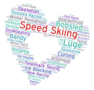 Speed skiing. Word cloud, heart inside heart, italic font, white background. Love of sport.