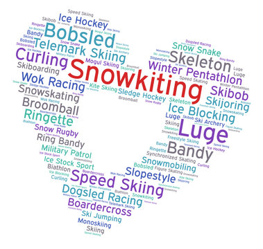 Snowkiting. Word cloud, heart inside heart, italic font, white background. Love of sport.