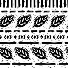 Black and white linocut leaves geometric borders seamless pattern, vector