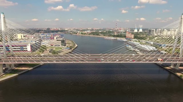 Panorama of the new Bolshoy Obukhovsky bridge and Neva river. Flying back from bridge. St. Petersburg, Russia
