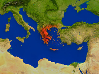 Greece from space in red