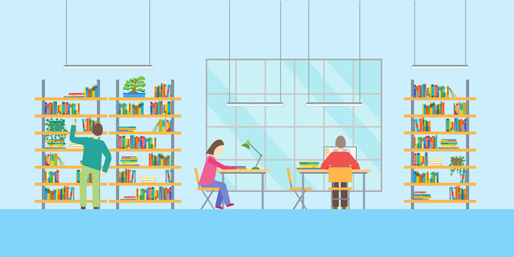 Interior Public Library with Furniture and People. Vector