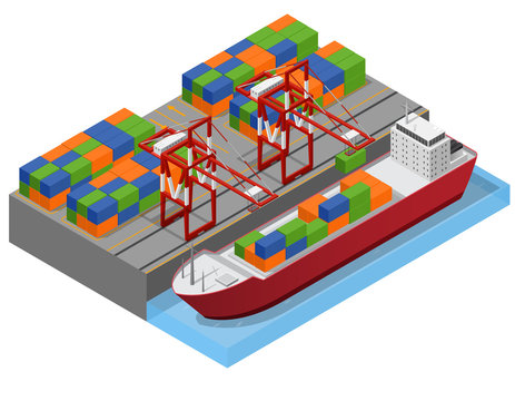 Port Town and Barge Ship Isometric View. Vector