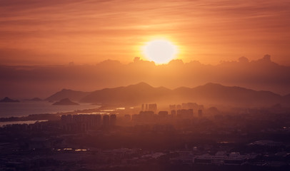 Scenic Sunset over Barra da Tijuca city and mountains, Brazil