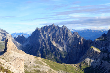 Fototapeta na wymiar Panorama with mountain Haunold in Sexten Dolomites, South Tyrol, Italy