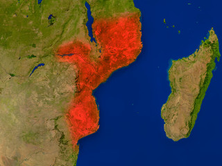 Mozambique from space in red