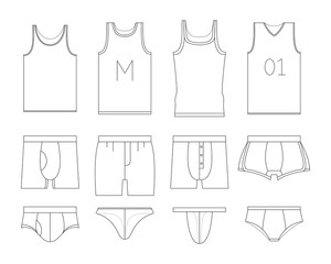 Set of clothes. Underwear for men: boxer, shorts. Different types of male briefs and shirt. Vector illustrations in thin line style.