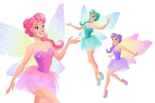 Vector set of beautiful fairies with butterfly wings.