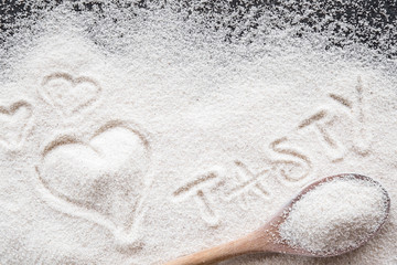 Tasty inscription on the semolina background, Children's favorite porridge. Healthy eating and lifestyle.