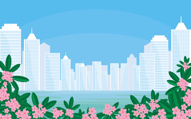 Abstract image of the southern seaside city. A city landscape with high-rise buildings, tropical plants and a view of the sea. Vector background.
