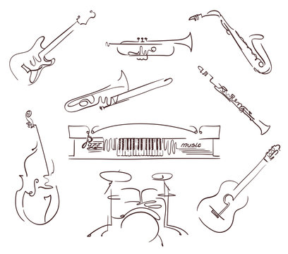 set of musical instruments symbols in line art style. vector
