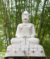 Statue of White buddha against bamboo background