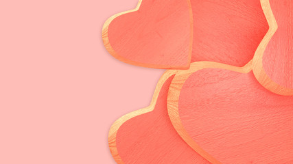 3d rendering picture of wooden hearts. Peach color background. Copy space for your message and text.