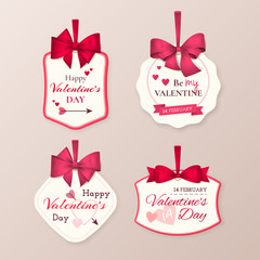 Set of retro cute labels to celebrate Valentine's Day with red bow, hearts, arrow and text. Vector tags for decoration banners and posters. Isolated from the background.