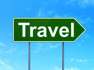 Entertainment, concept: Travel on road sign background