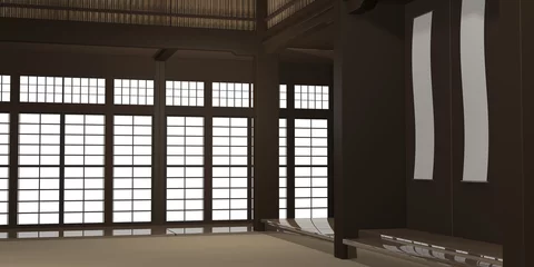 Crédence de cuisine en verre imprimé Arts martiaux 3d rendered illustration of a traditional karate dojo or school with training mat and rice paper windows.