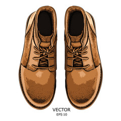Hand drawn light brown shoe. Shoe in retro style,  Walk Concept. Vector illustration