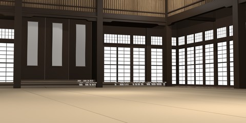 3D-gerenderde afbeelding van een traditionele karate dojo of school met trainingsmat en rijstpapiervensters.