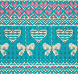 Seamless pattern on the theme of holiday Valentine's Day with an image of the Norwegian and fairisle patterns. White bows and hearts on a turquoise background. Vector Illustration.