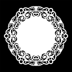Lace round paper doily, lacy snowflake, greeting element,  template for cutting  plotter, round pattern, laser cut  template, doily to decorate the cake,  vector illustrations.