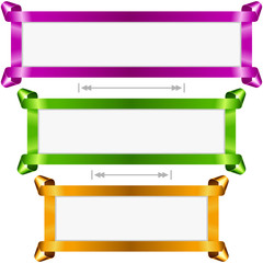 Vector holiday banners set. Purple, green and golden streamer frame