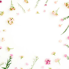 Frame with pink and beige wildflowers, green leaves, branches on white background. Flat lay, top view. Valentine's background