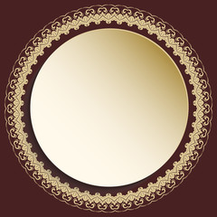 Round vector golden frame with floral elements and arabesques. Pattern with arabesques. Fine greeting card.