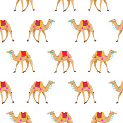 Camel cartoon vector seamless pattern on white. Two-humped desert animal with decorated bridle and saddle.