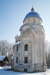 bell tower of Orthodox Holy assumption Church in Velyki Mosty winter day