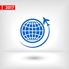 Globe with airplane icon,  vector illustration. Flat design style