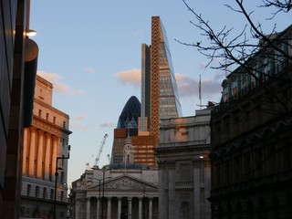 London cityscape with the Bank of England, the Gherkin and the Cheese Grater