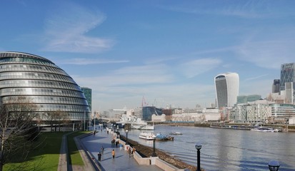Famous London buildings including the Mayors house and the Walkie Talkie on the banks of the Thames 