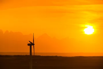 Tuinposter Big wind turbines in the desert against mountains © Anton Petrus