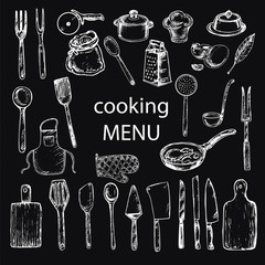 hand drawn set cooking on the black background
