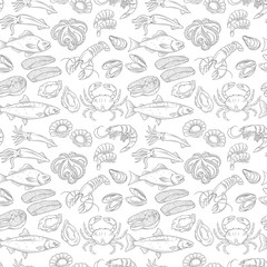 Hand drawn sea food seamless pattern.