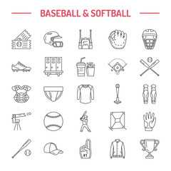 Baseball, softball sport game vector line icons. Ball, bat, field, helmet, pitching machine, catcher mask. Linear signs set, championship pictograms with editable stroke for event, equipment store.