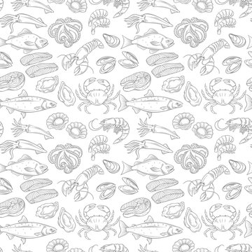 Hand drawn sea food seamless pattern.