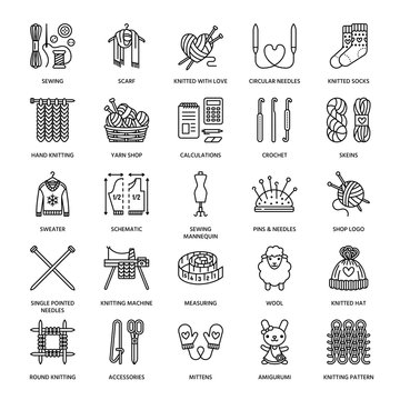 Knitting, crochet, hand made line icons set. Knitting needle, hook, scarf, socks, pattern, wool skeins and other DIY equipment. Linear signs set, logos with editable stroke for yarn or tailor store.