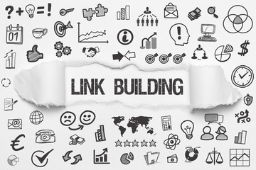 Link Building / weißes Papier mit Symbole
