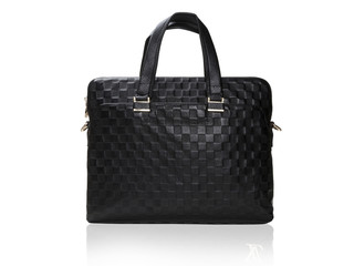 Modern black leather men casual or business briefcase isolated on white background. Black leather briefcase.