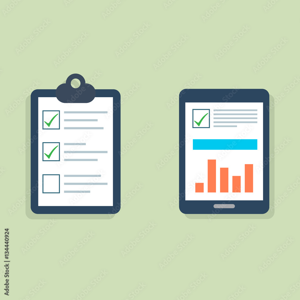 Canvas Prints holding clipboard checklist. notebook and tablet. flat style