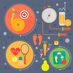 Healthy life flat concept vector illustration. Sport, fitness gym and healthy food icos design, web elements, poster banners.