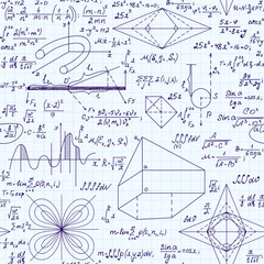 Fototapeta premium Scientific vector seamless pattern with handwritten mathematical equations, formulas, plots, figures and calculations